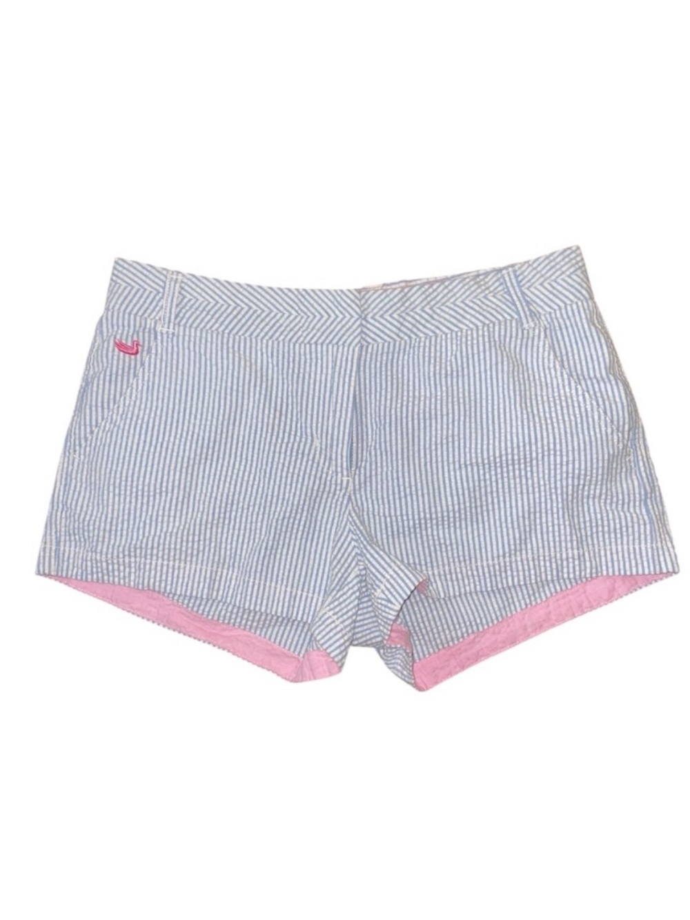 Southern Marsh Blue and White Striped Seersucker Shorts with Pink Trim